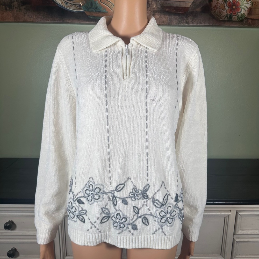 Alfred Dunner Sweater Ivory Floral Embroidered Quarter Zip Collared Knit